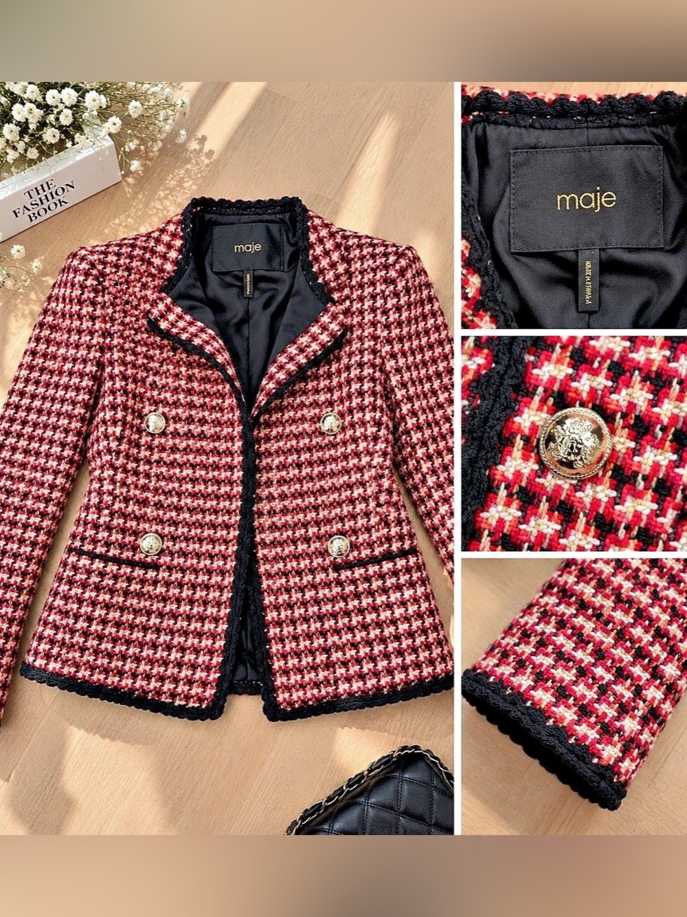 Maje Sparkling Pink Tweed Jacket Houndstooth Blazer Red & Black